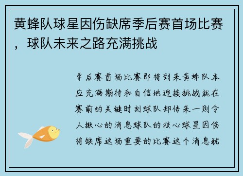 黄蜂队球星因伤缺席季后赛首场比赛,球队未来之路充满挑战